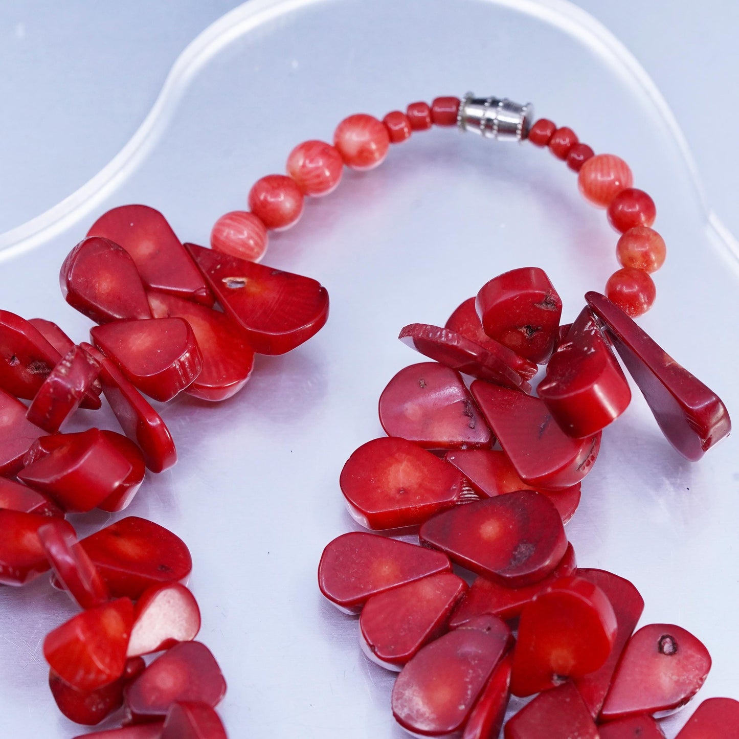17", Native American heishi necklace, Chunky Coral beads sterling 925 silver