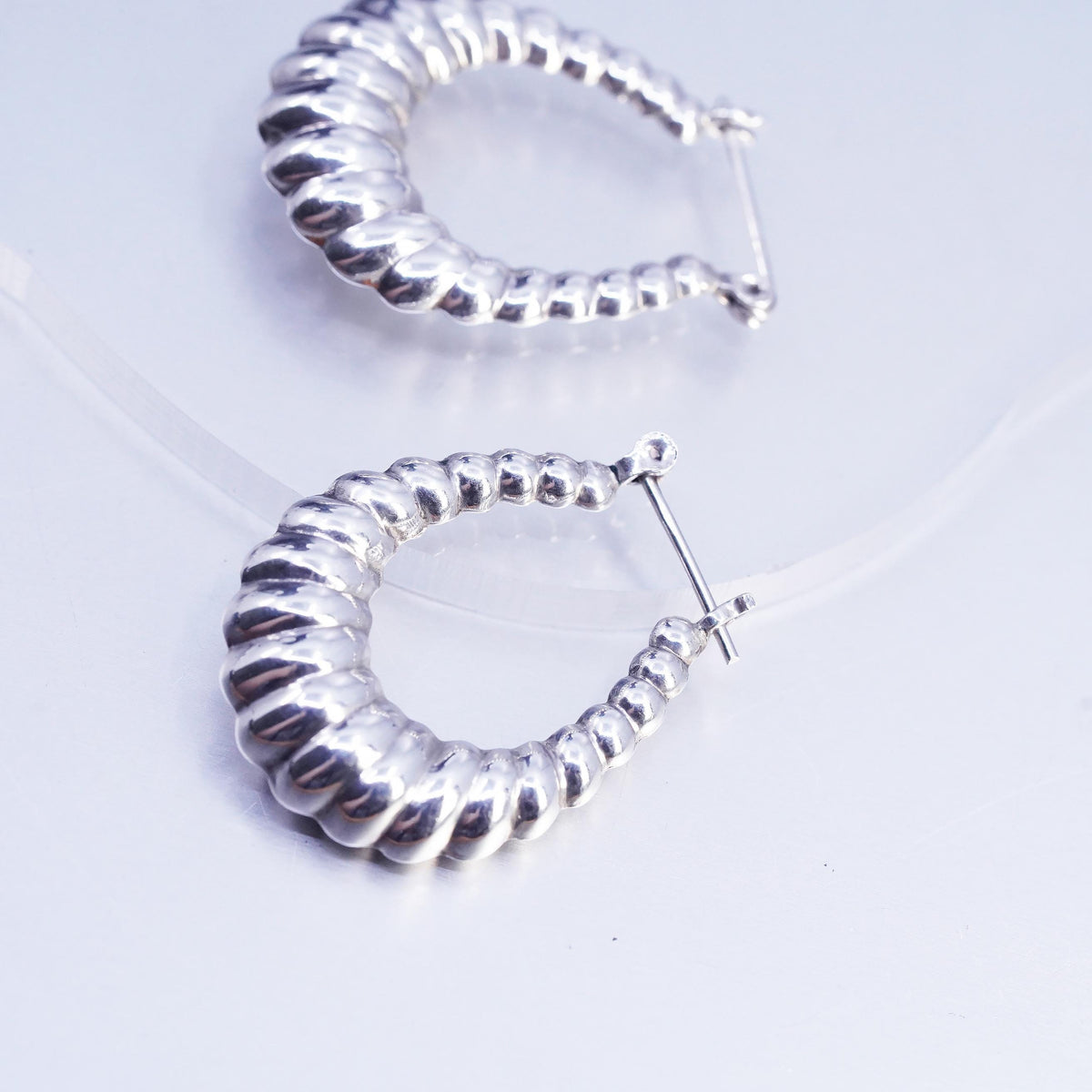 1.25", Vintage 925 Sterling Silver Handmade Ribbed Huggie Hoop Earrings