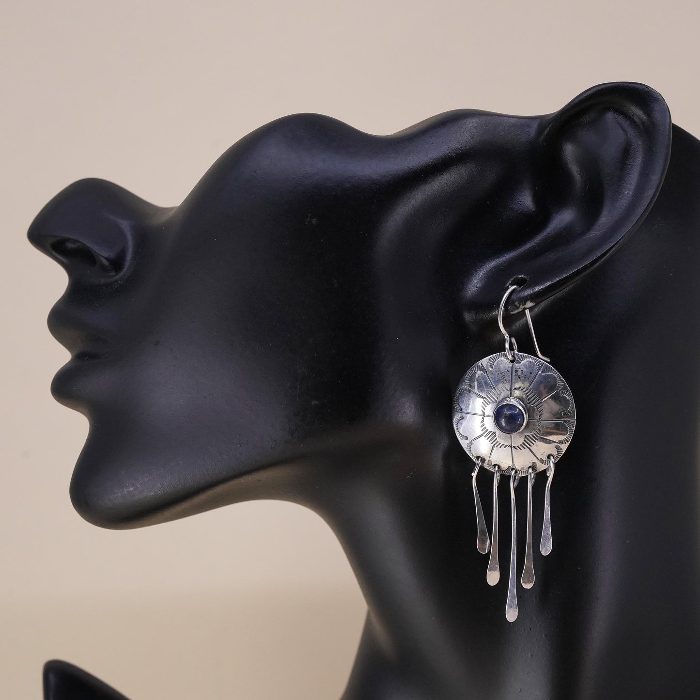 Native American Navajo single earring. Navajo Sterling 925 silver lapis fringe