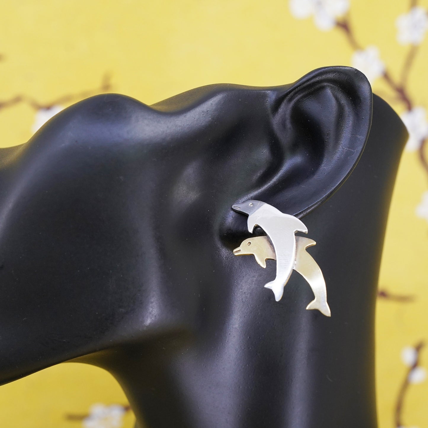 Mexican two tone Sterling silver handmade earrings, 925 brass dolphins studs