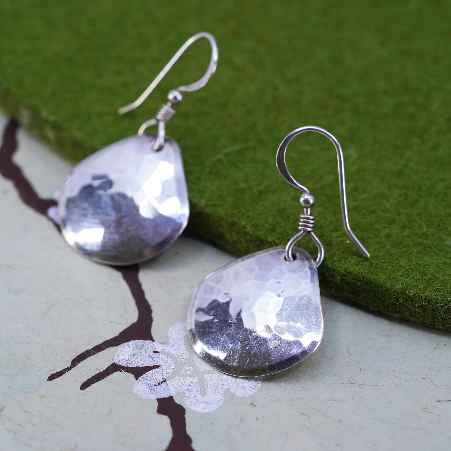 Vintage Sterling 925 Silver Hammered triangular disc Earrings