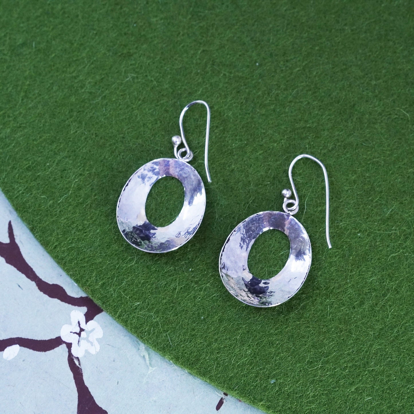 Vintage Sterling silver handmade earrings, textured 925 oval dangles