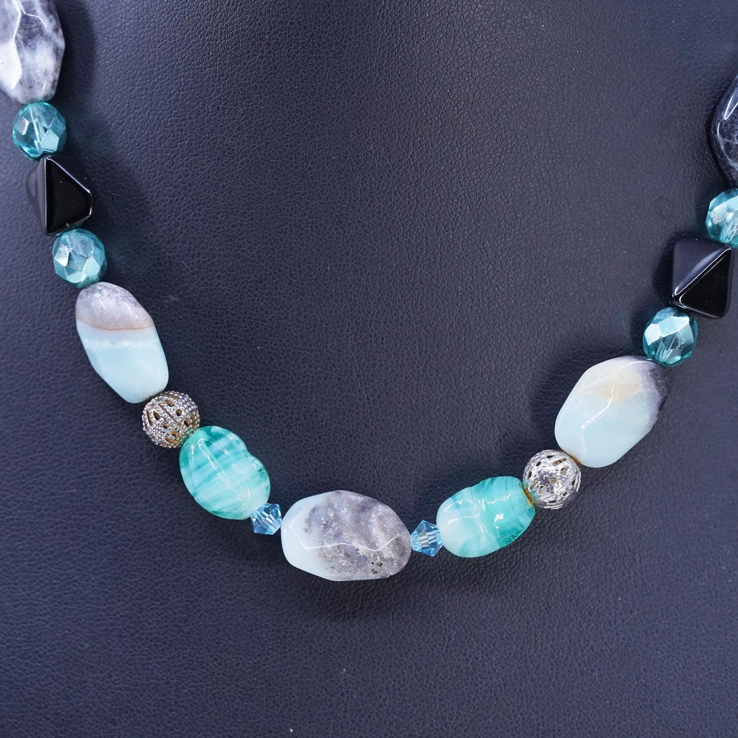 16+2", Sterling 925 silver oval chain necklace with larimar agate bead pendant