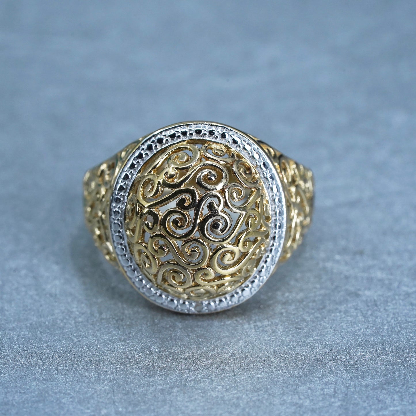 Size 7, vermeil gold over Sterling 925 silver filigree ring w/ diamond details