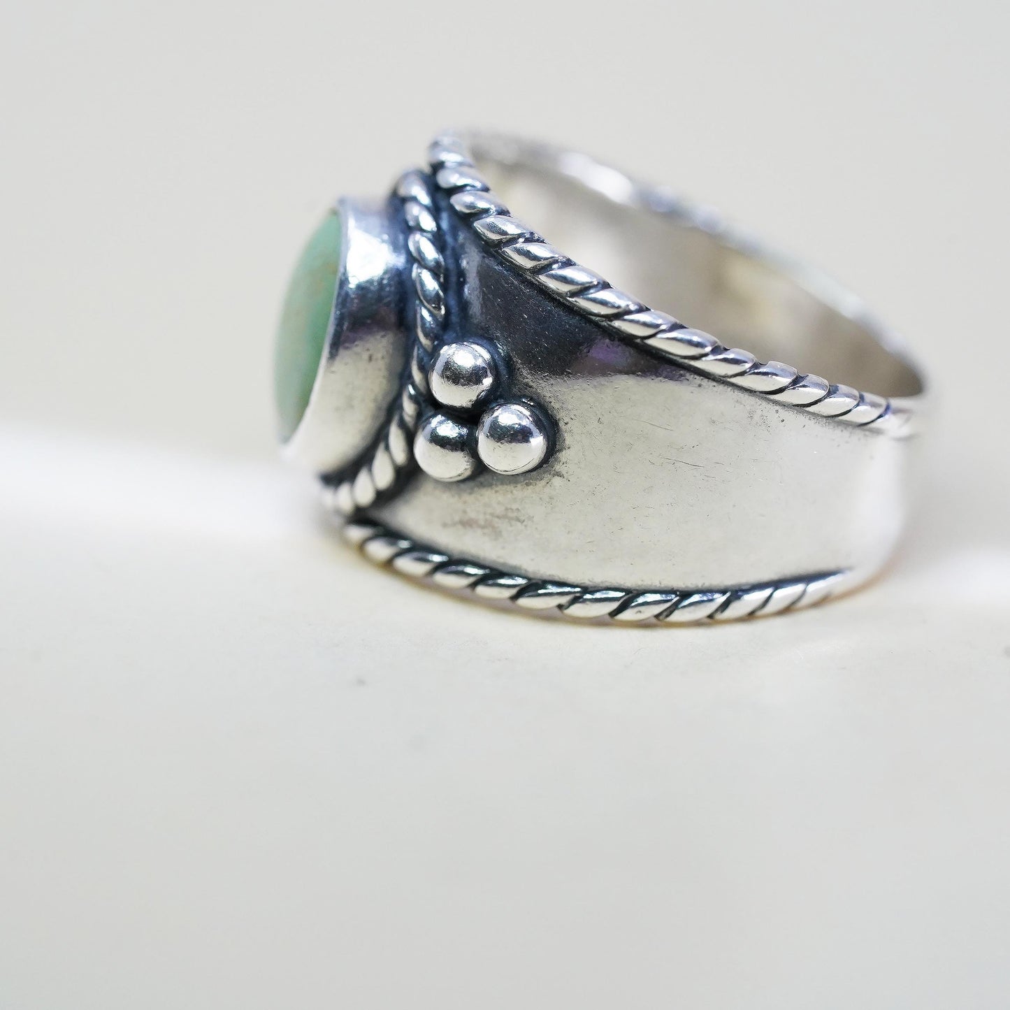 Size 8, Vintage 925 Sterling Silver Green Turquoise Ring, Southwestern Navajo