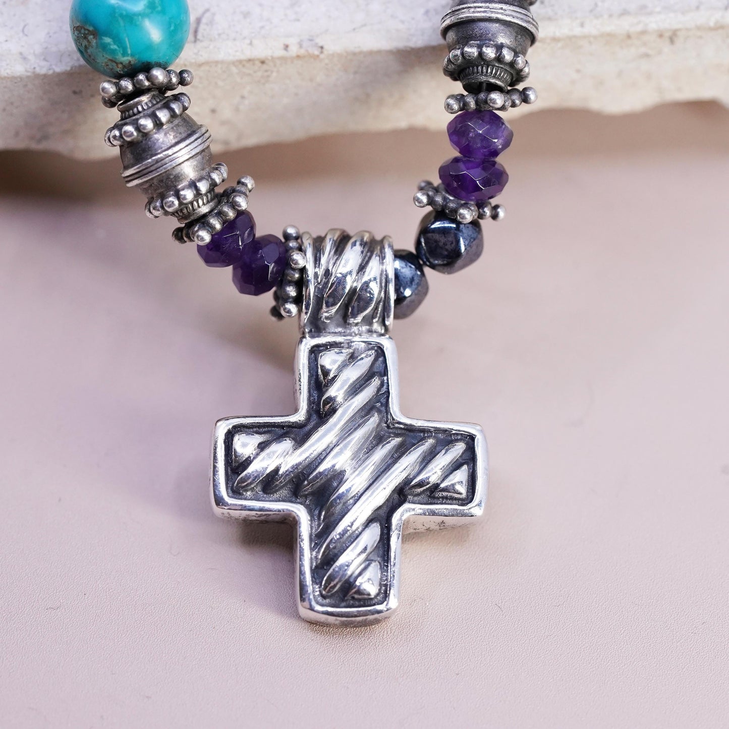 16", Sterling 925 silver Native American Navajo turquoise coral necklace cross