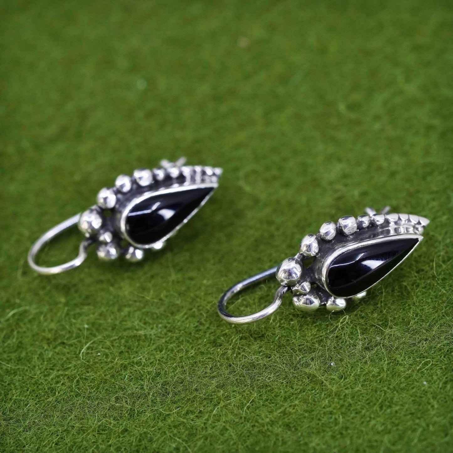 Vintage sterling 925 silver handmade earrings with teardrop onyx and beads