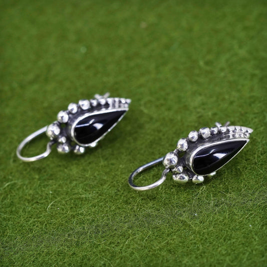 Vintage sterling 925 silver handmade earrings with teardrop onyx and beads