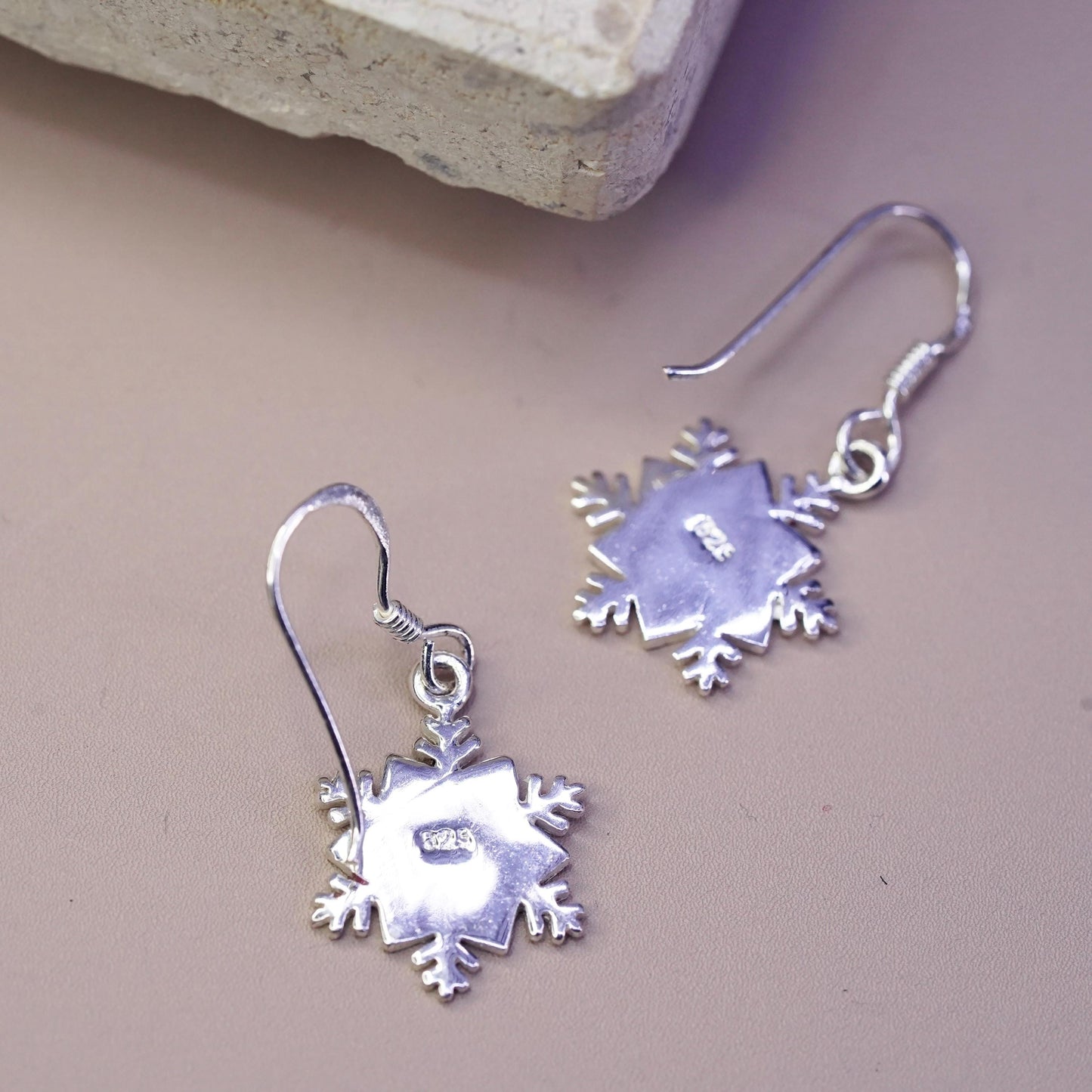 Vintage sterling silver handmade earrings, 925 hooks red enamel snowflake drops