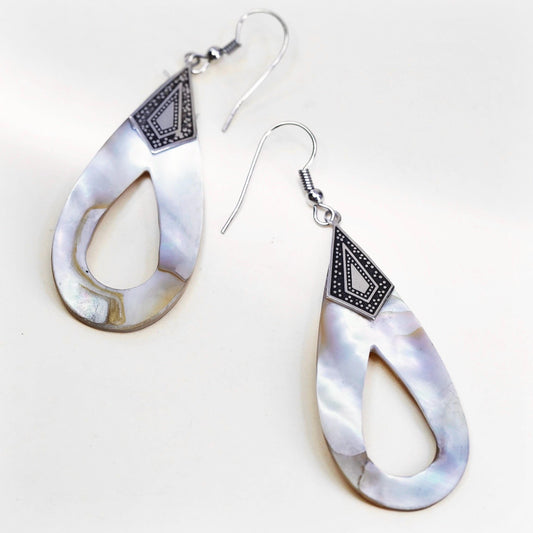 Vintage sterling silver earrings, mother of pearl teardrops 925 silver hooks