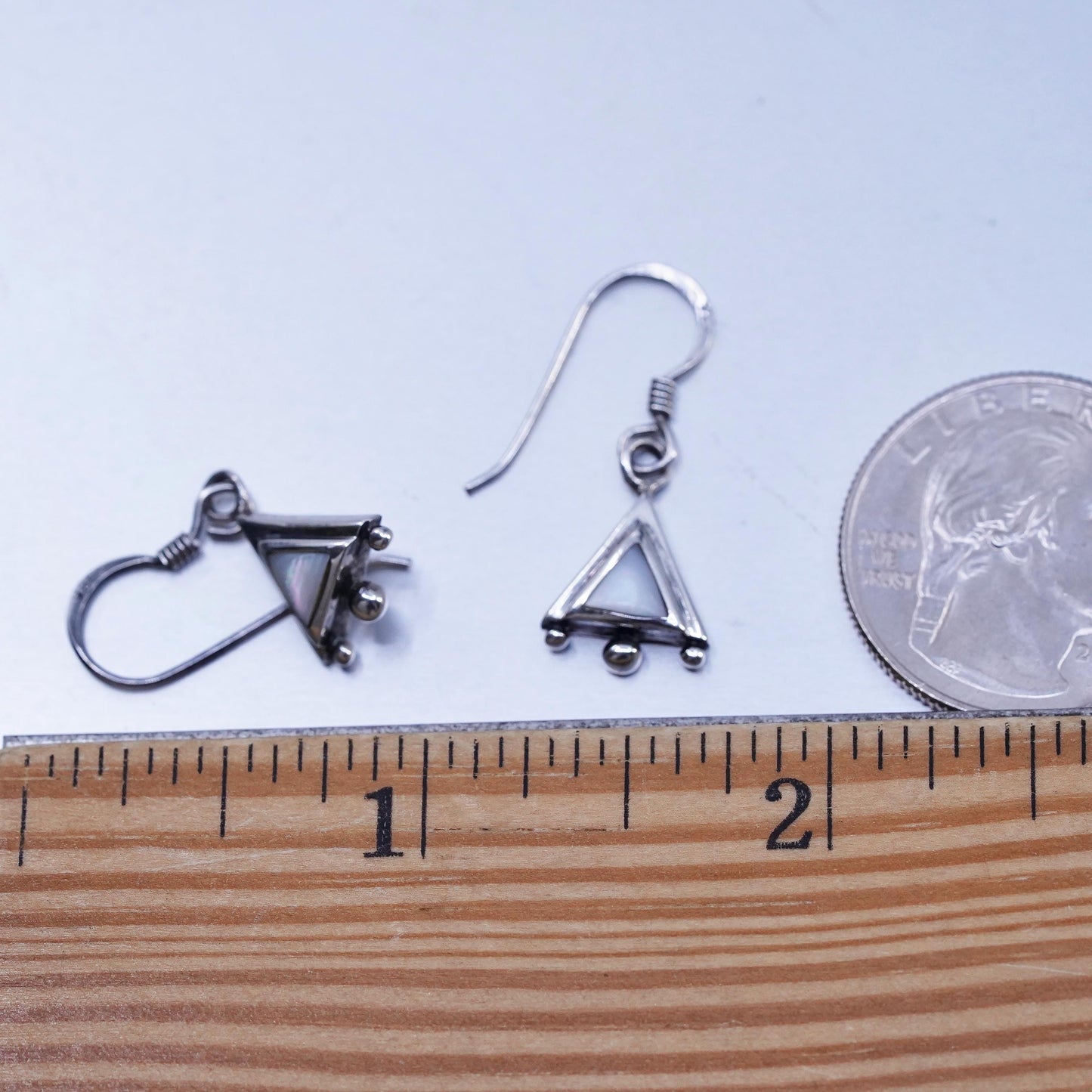 Vintage Sterling 925 silver handmade triangular earrings with mother of pearl
