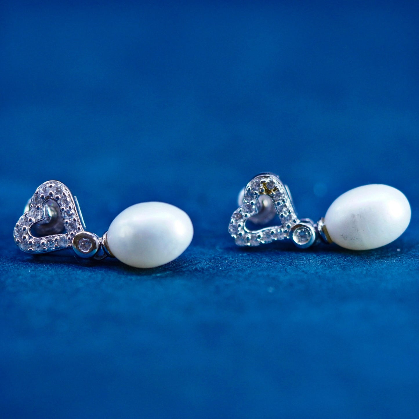 Vintage sterling silver 925 handmade earrings with heart cluster cz pearl