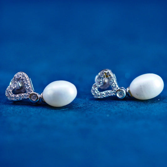 Vintage sterling silver 925 handmade earrings with heart cluster cz pearl