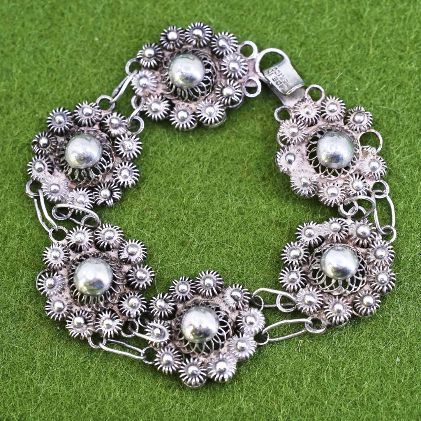 5.75", VTG sterling silver handmade bracelet, 800 filigree flower link chain