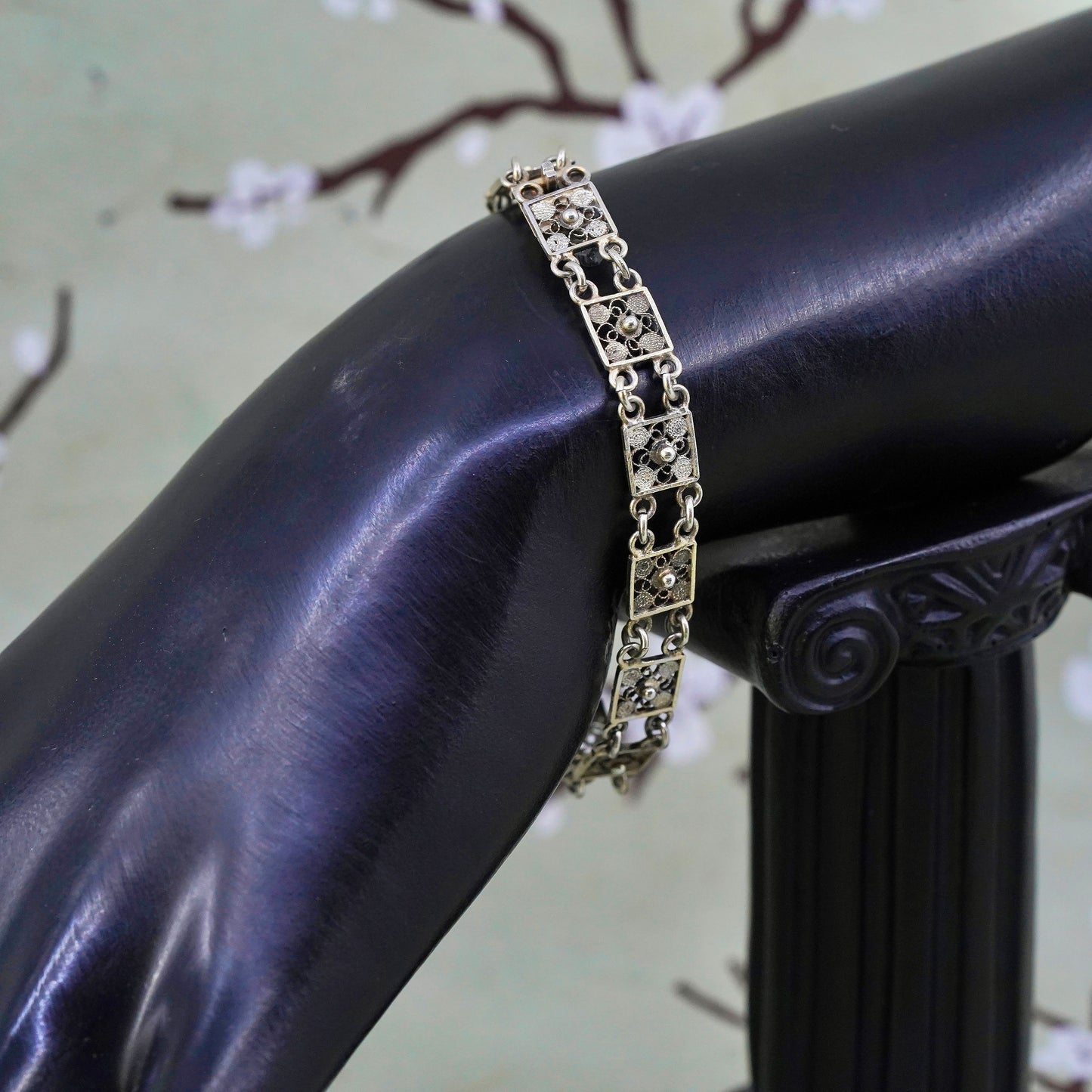 6.5", vintage Italian sterling silver bracelet, 800 filigree flower link chain