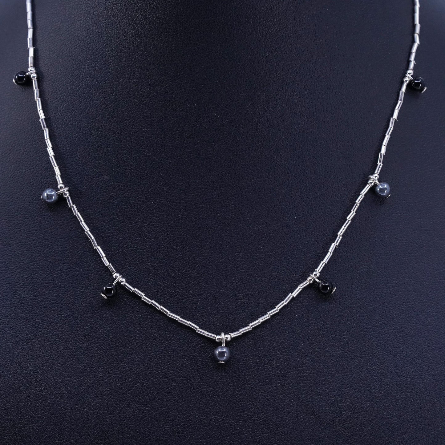 16+3”, Native American Sterling 925 liquid silver necklace hematite beads