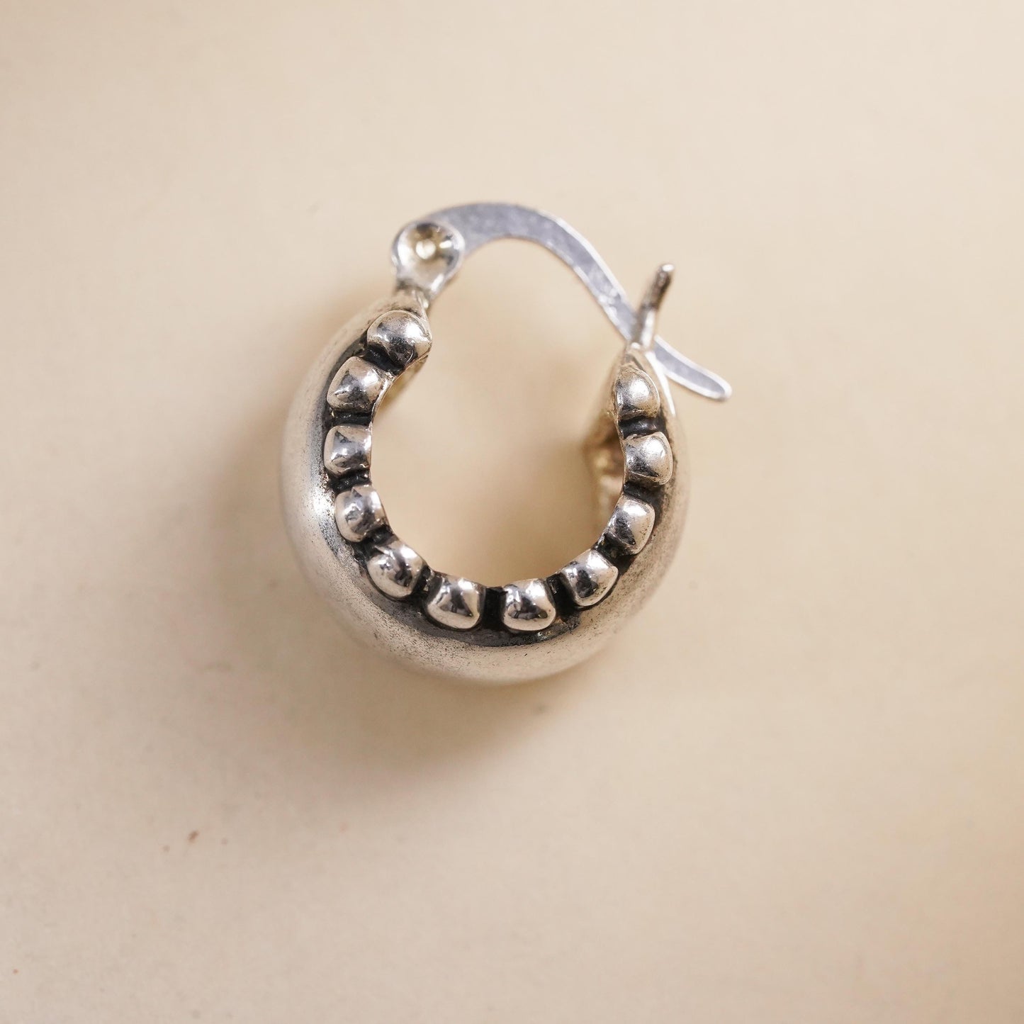 0.5”, Vintage sterling silver single earring, 925 huggie hoop with beads