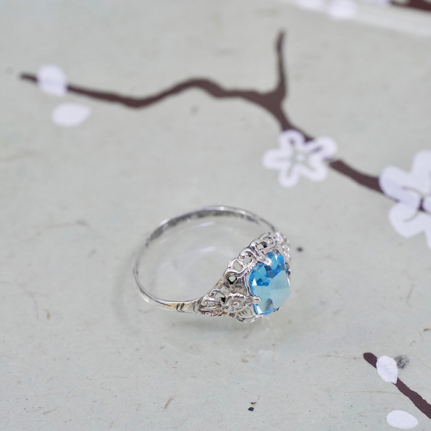 Size 6.5, 925 Sterling silver ring with blue Rhinestone, engagement ring