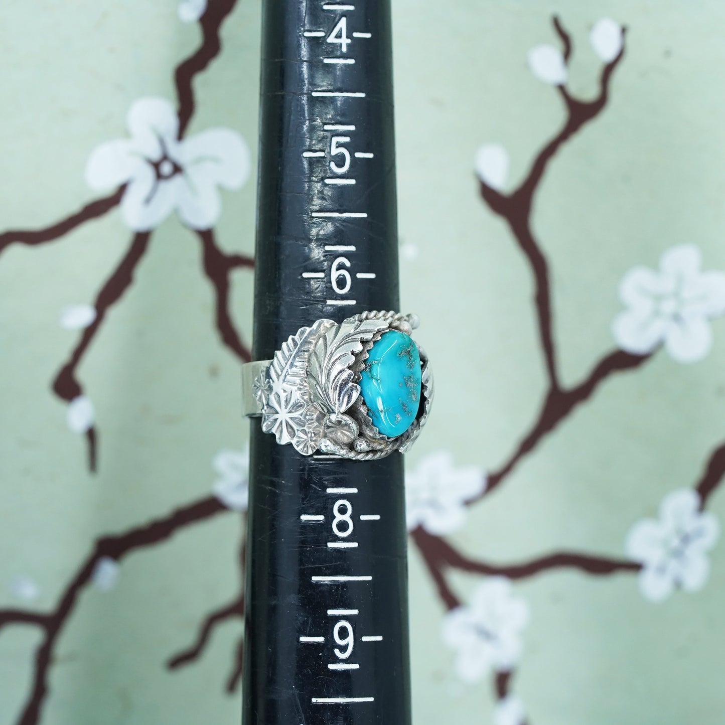 Size 7, Native American FW sterling silver ring, 925 band w/ turquoise feather