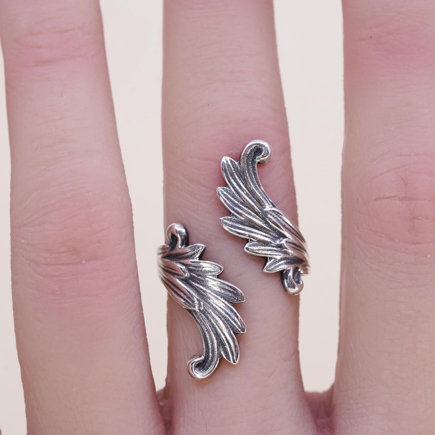 sz adjustable, vintage sterling silver handmade ring, 925 double wing wrap band