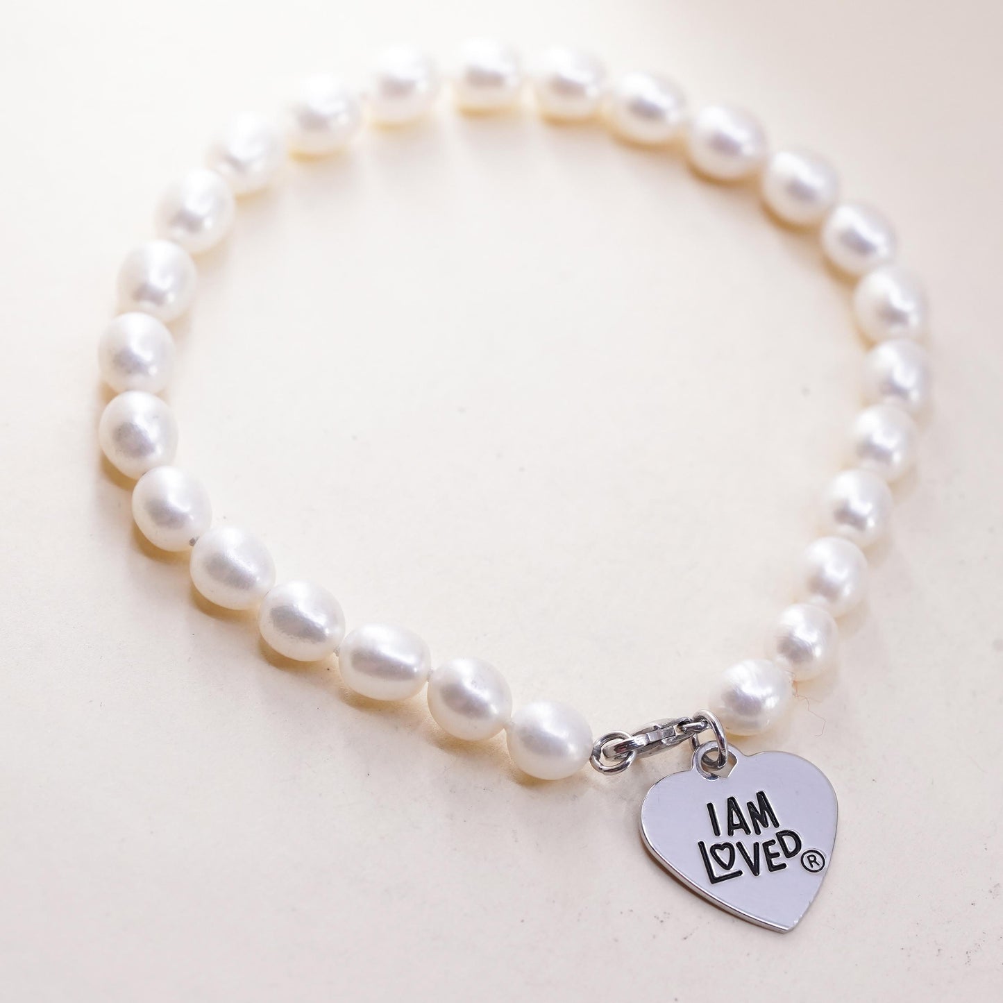 7.5”, VTG sterling silver bracelet, pearl beads 925 heart charm “I am loved”