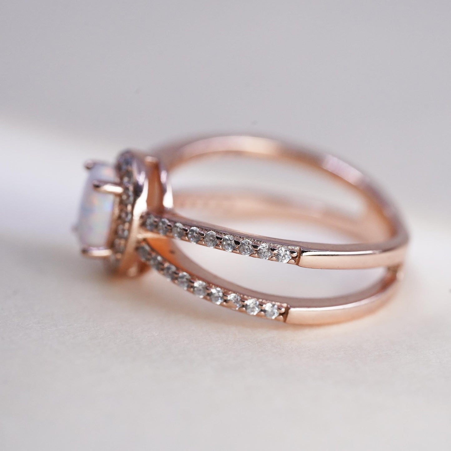 Size 4, vintage rose gold plated Sterling 925 silver ring with round opal cz