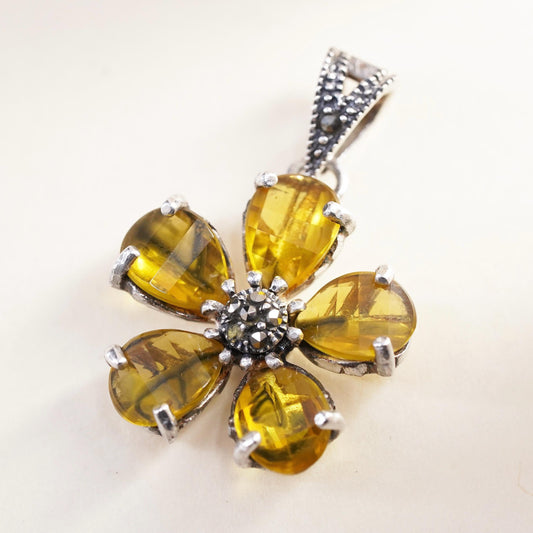 Vintage Sterling 925 silver handmade flower pendant with marcasite and citrine