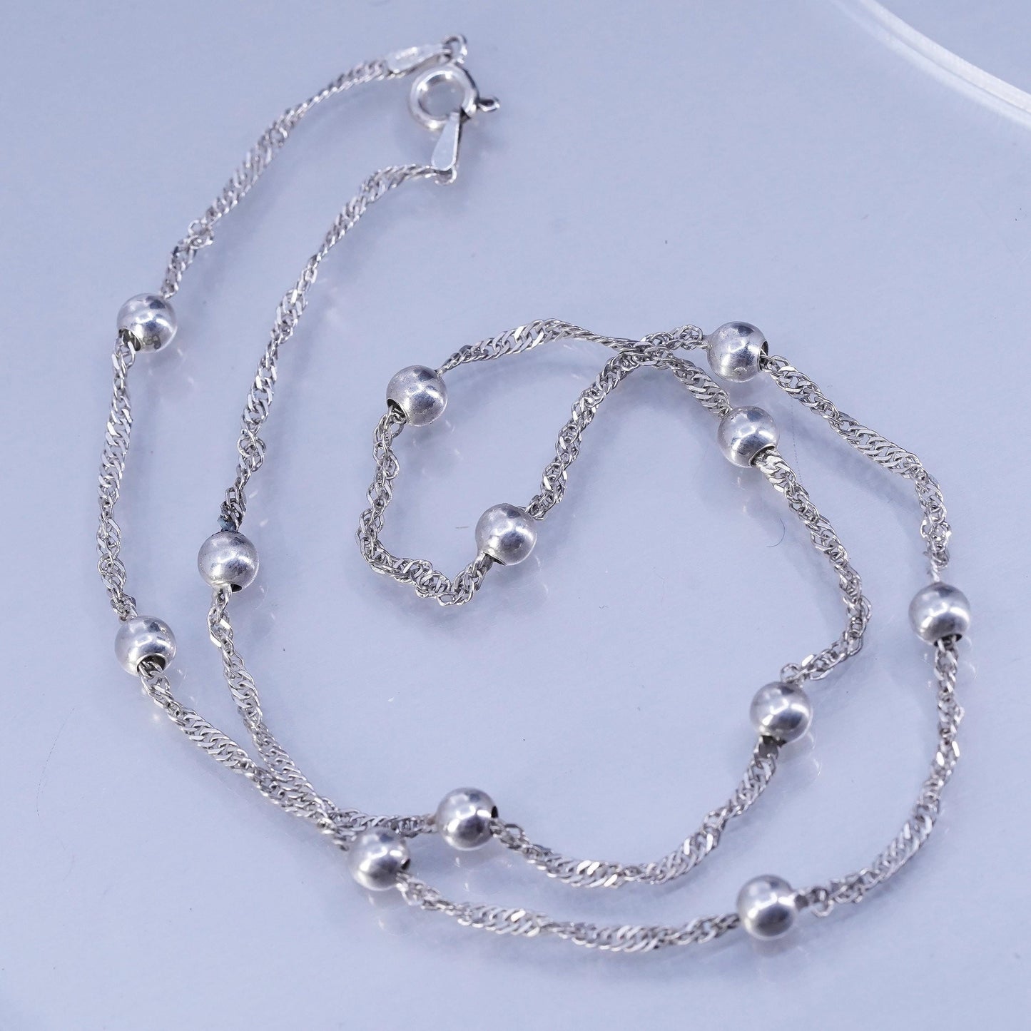 18” 2mm, Italian Sterling 925 silver twisted curb chain necklace with 5mm beads