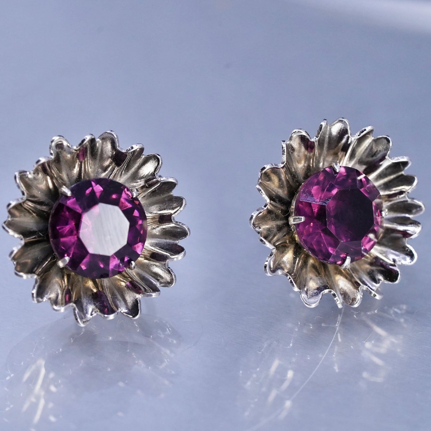 Vintage Sterling 925 silver handmade earrings, screw back flower with amethyst