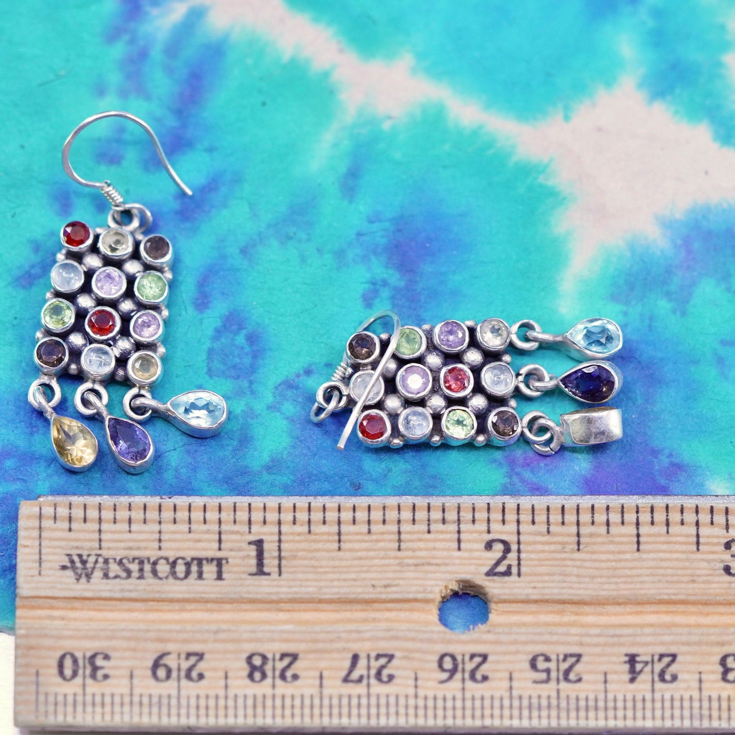 sterling silver 925 earrings w/ cluster amethyst peridot citrine ruby crystal,