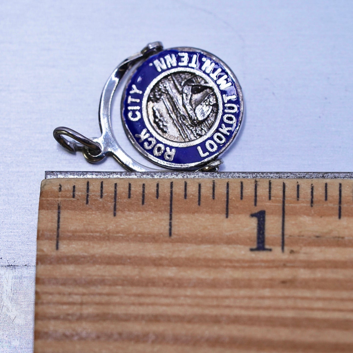 sterling silver pendant, 925 enamel tag charm “Rock City lookout Mtn. Tenn.”