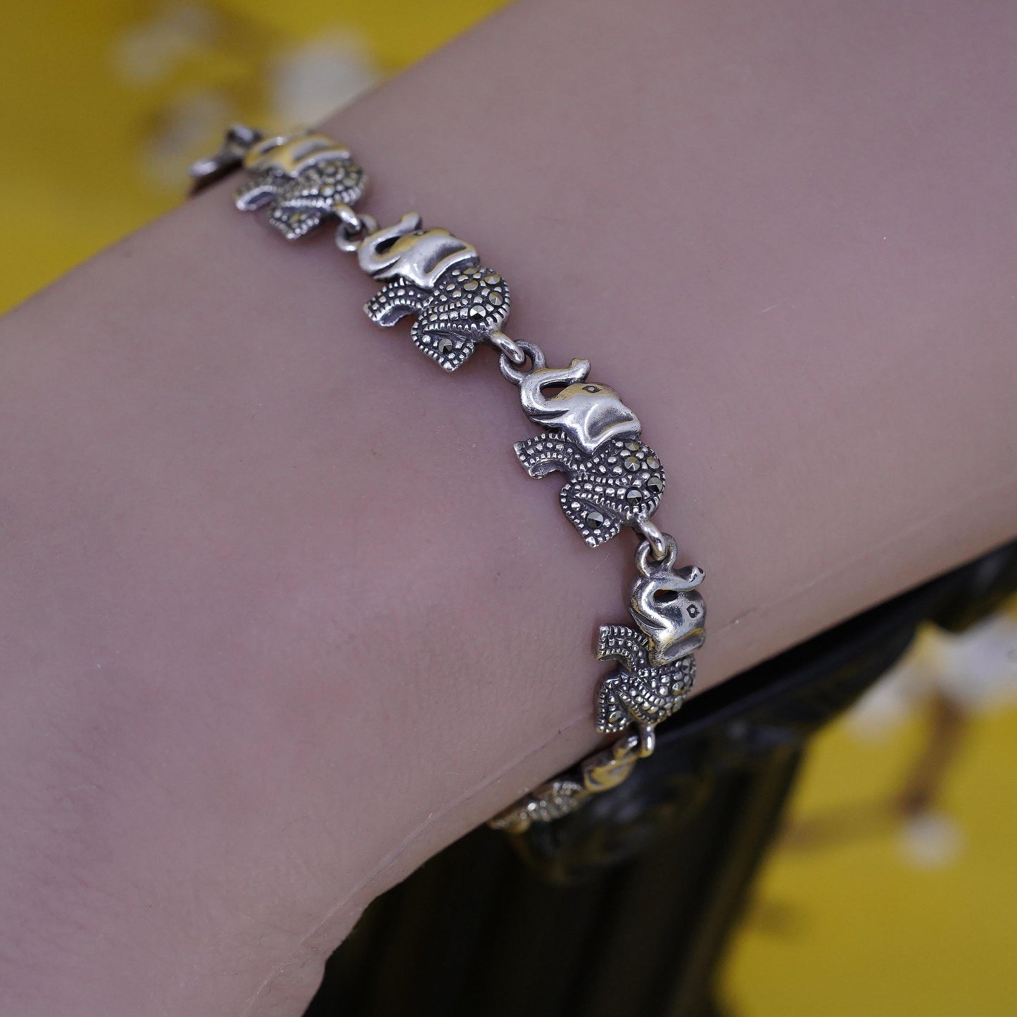 6.5", VTG Sterling silver tennis bracelet, 925 elephant chain cluster marcasite