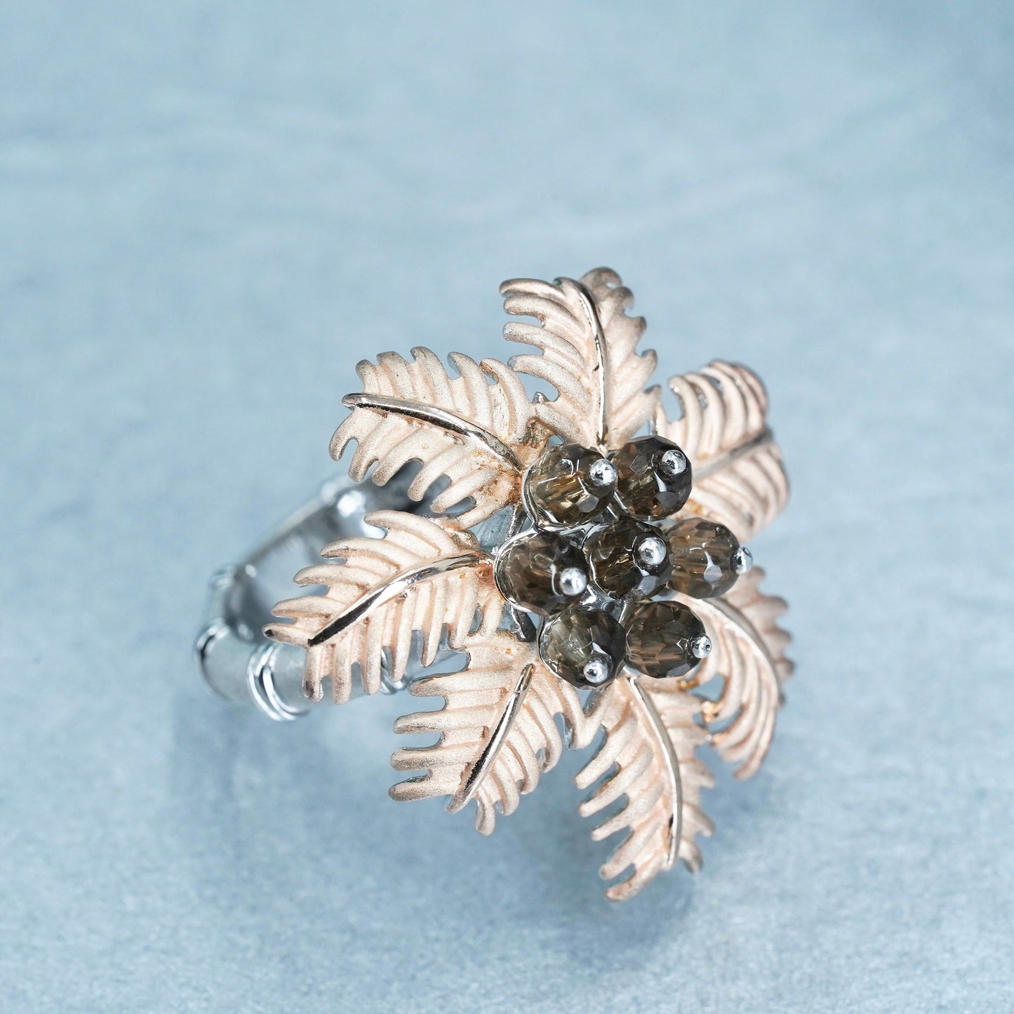Size 8, two tone Sterling 925 silver handmade coconut tree ring smoky quartz