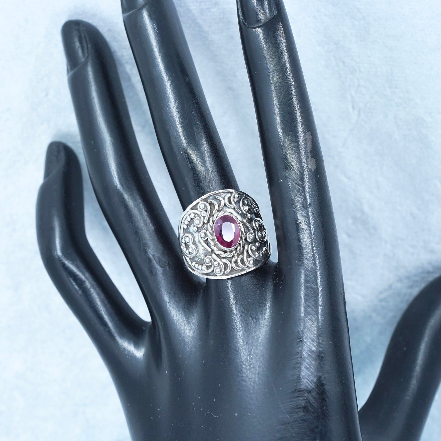 Size 8.25, vintage Sterling 925 silver handmade bali ring with ruby