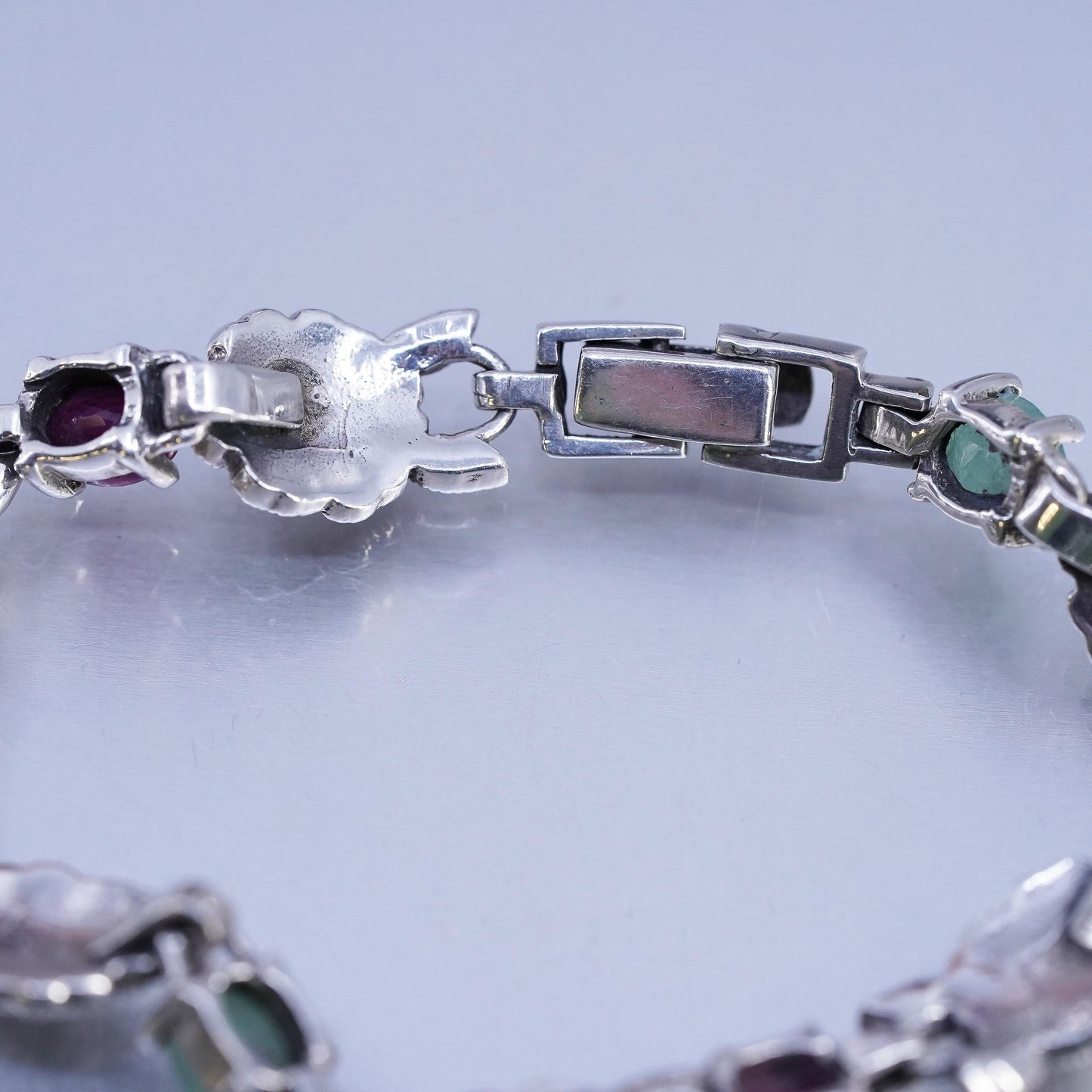 7", VTG Sterling Silver 925 Tennis Marcasite flower Bracelet ruby sapphire jade