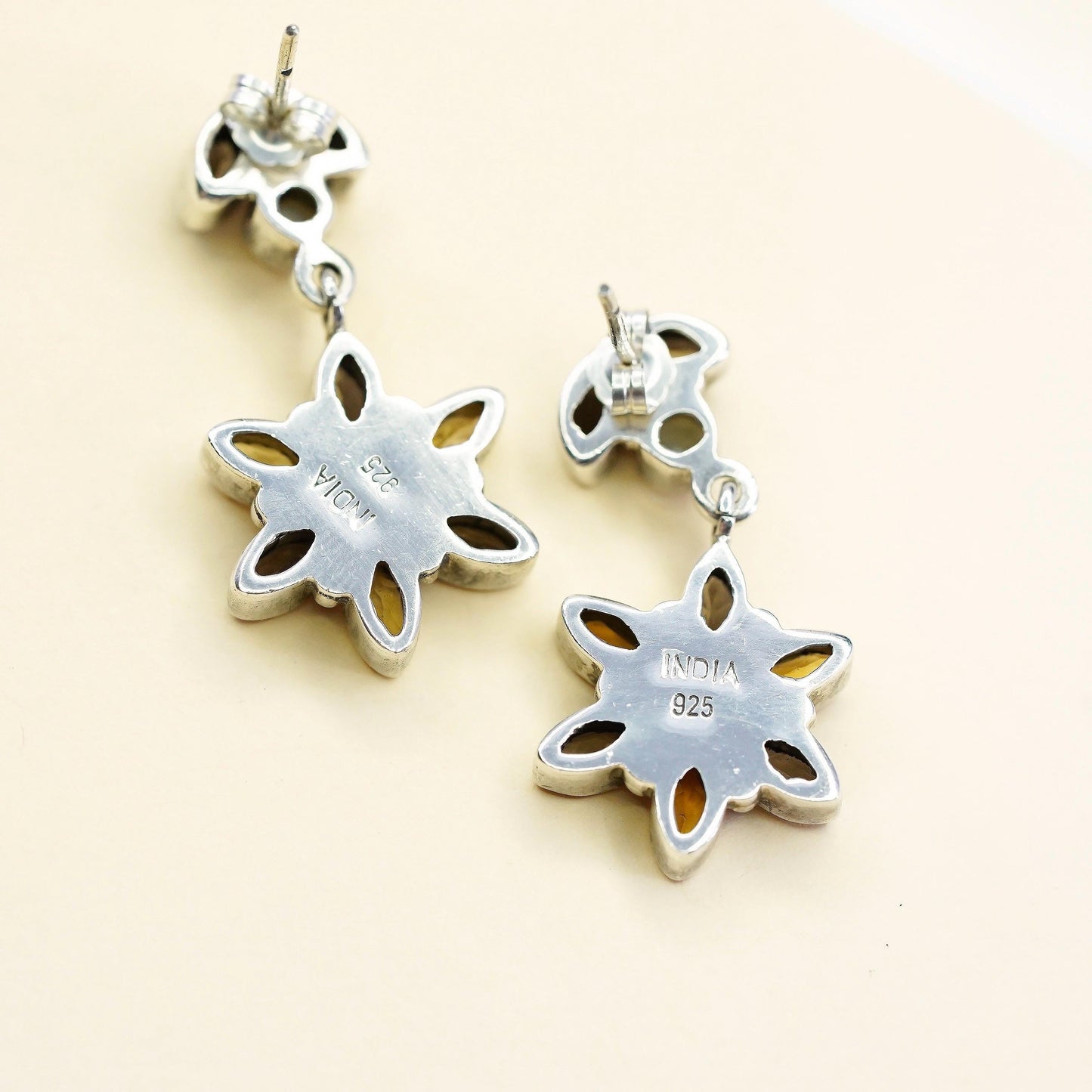 Sterling silver earrings, 925 multi gemstones flower citrine pearl smoky quartz