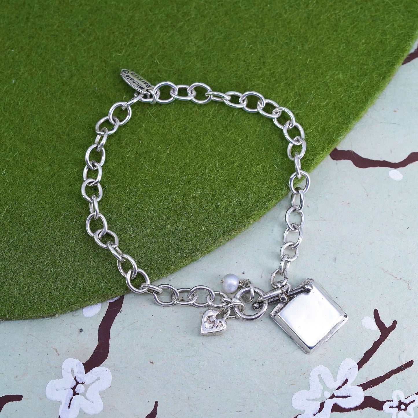 6.75”, Vintage sterling silver circle chain, 925 bracelet square photo charms