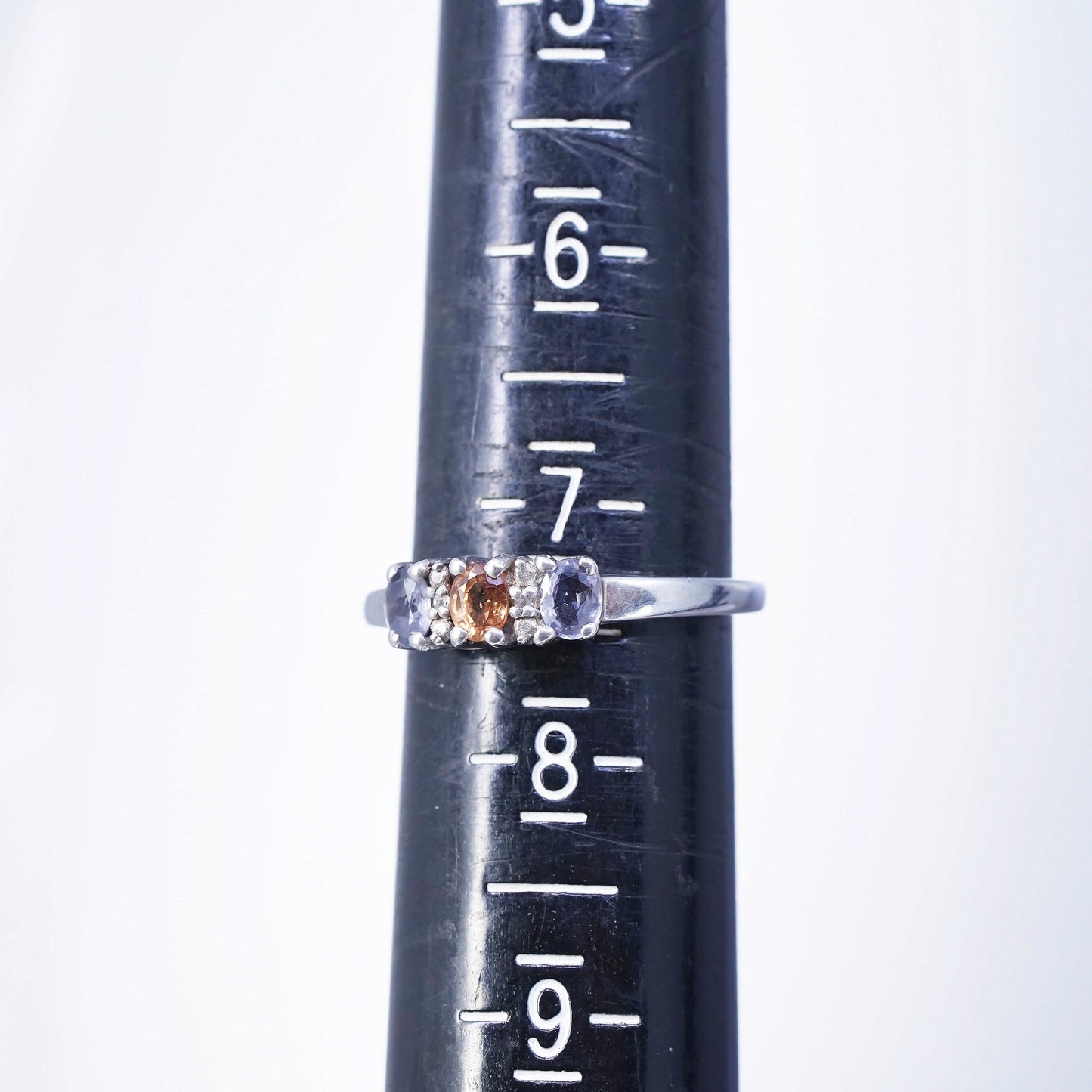 Size 7.25 vintage Sterling 925 silver stackable ring with citrine and amethyst