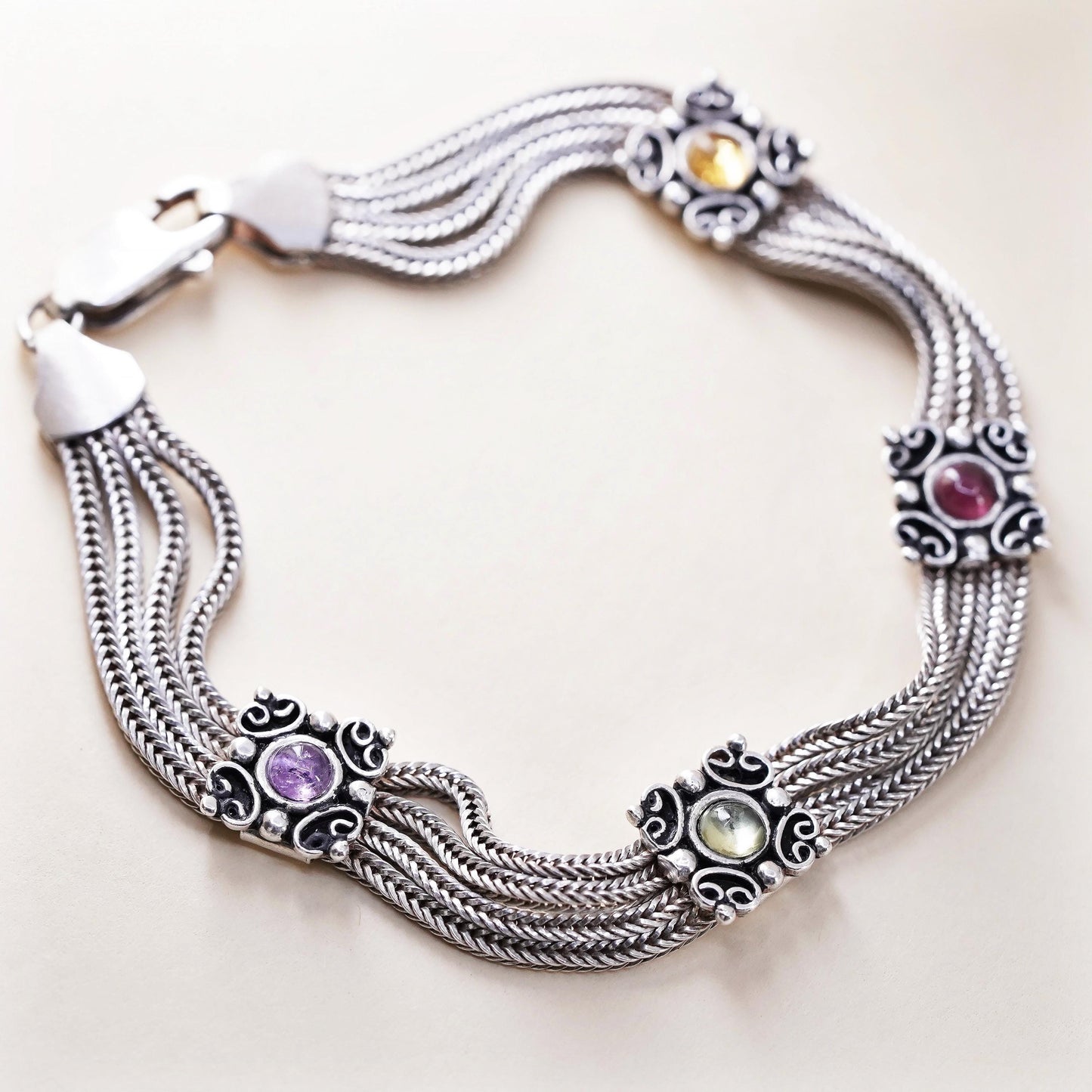7”, VTG sterling silver bracelet, multi strands 925 wheat chain color crystal