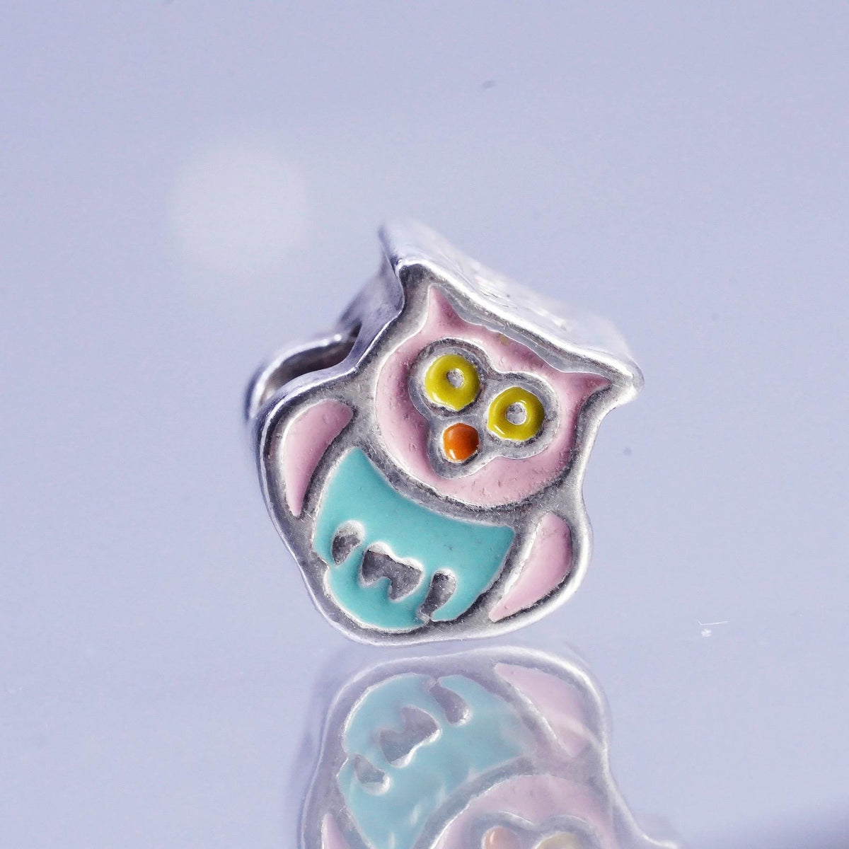 Vintage Italian Sterling silver handmade charm, 925 enamel owl bead