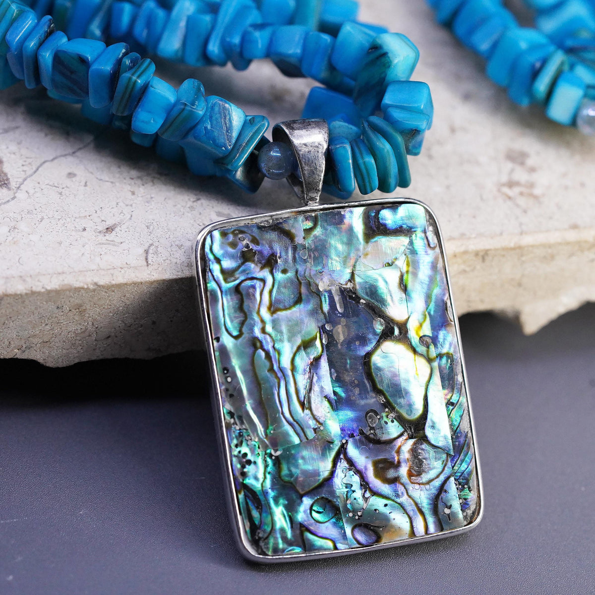 18", vintage Sterling 925 silver necklace with double strands turquoise beads