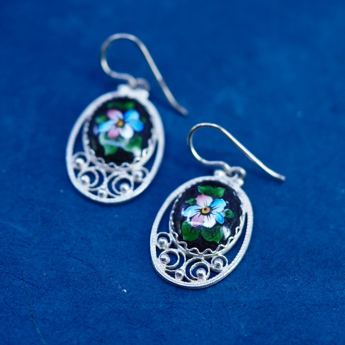 Vintage Sterling 925 silver handmade earrings with flower