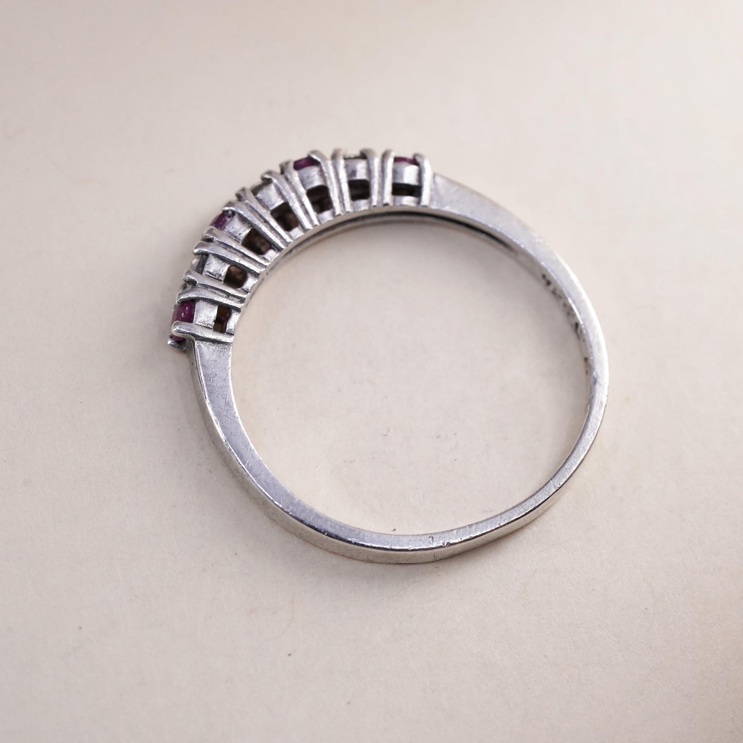 Size 9.25, Vintage sterling 925 silver handmade stackable ring with ruby and cz
