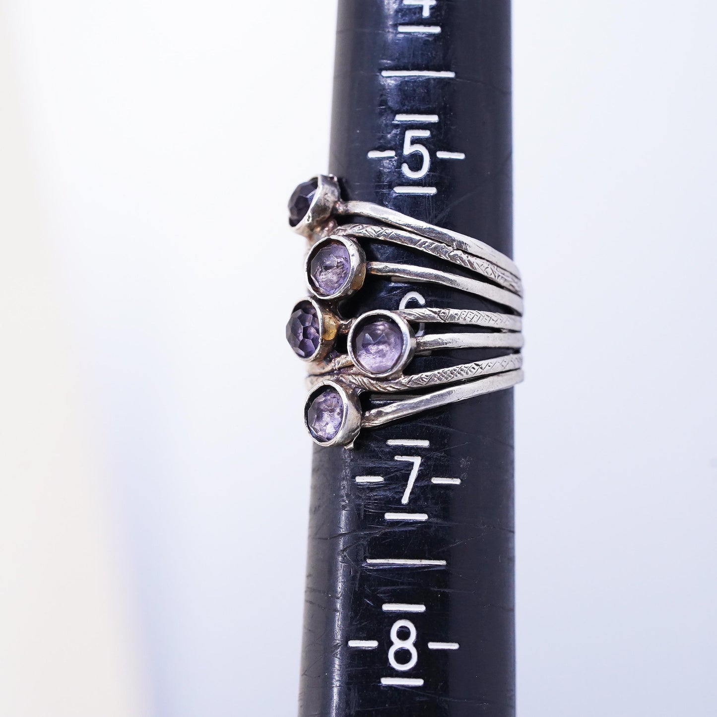 Size 6, VTG Signed Sterling 925 silver cocktail ring amethyst, wide multi band