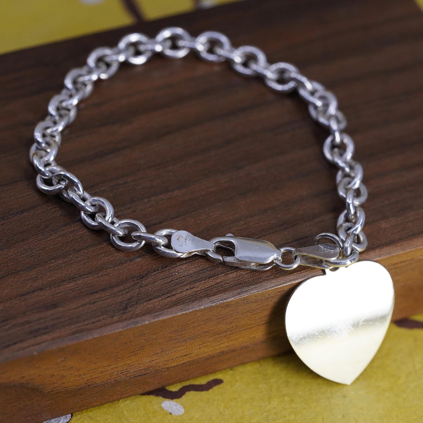 7”, Sterling silver bracelet, bold 925 circle chain with heart tag charm