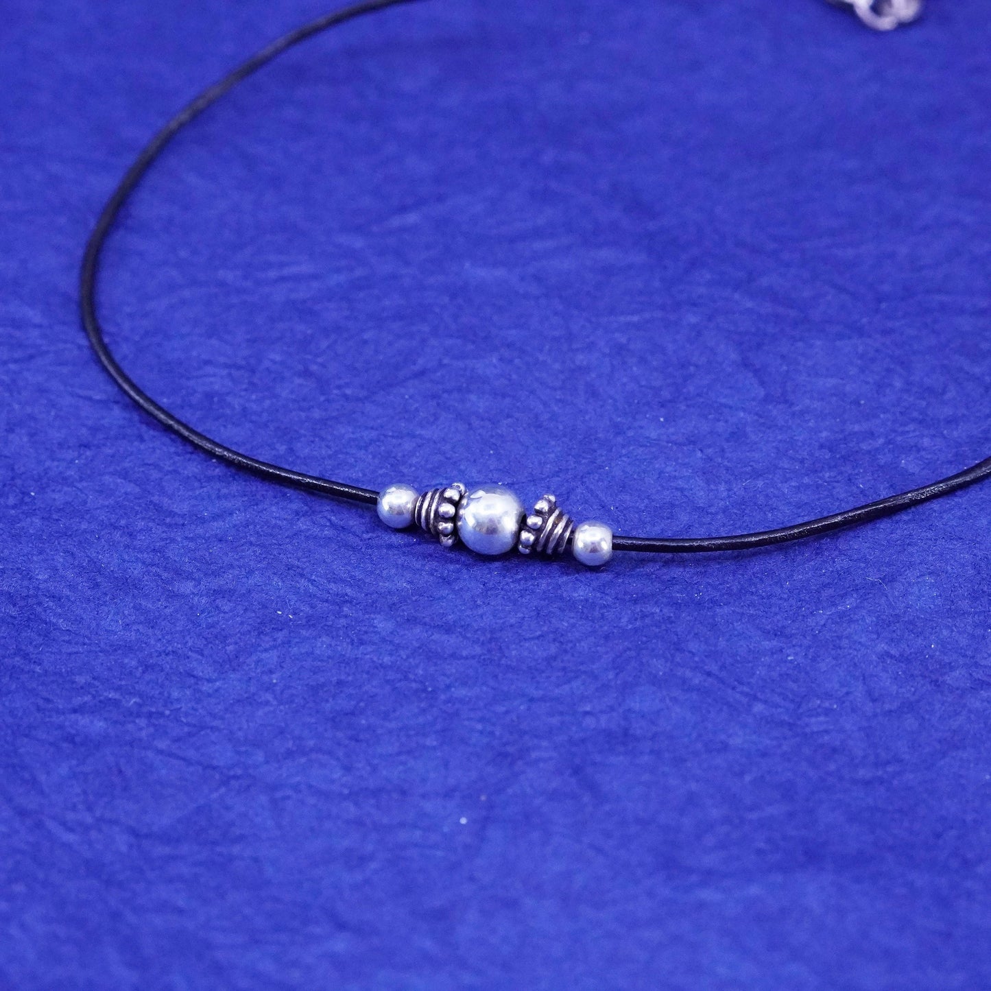 16+3”, vintage Sterling Silver clasp black Leather Necklace w/ extension chain