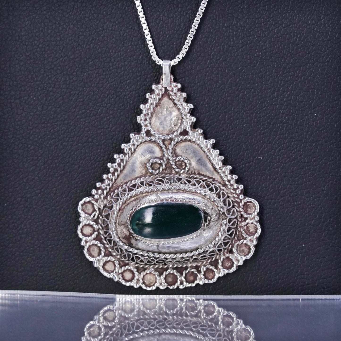 24” 1mm, vintage Italian Sterling 925 silver box chain necklace with beaded pendant and jade