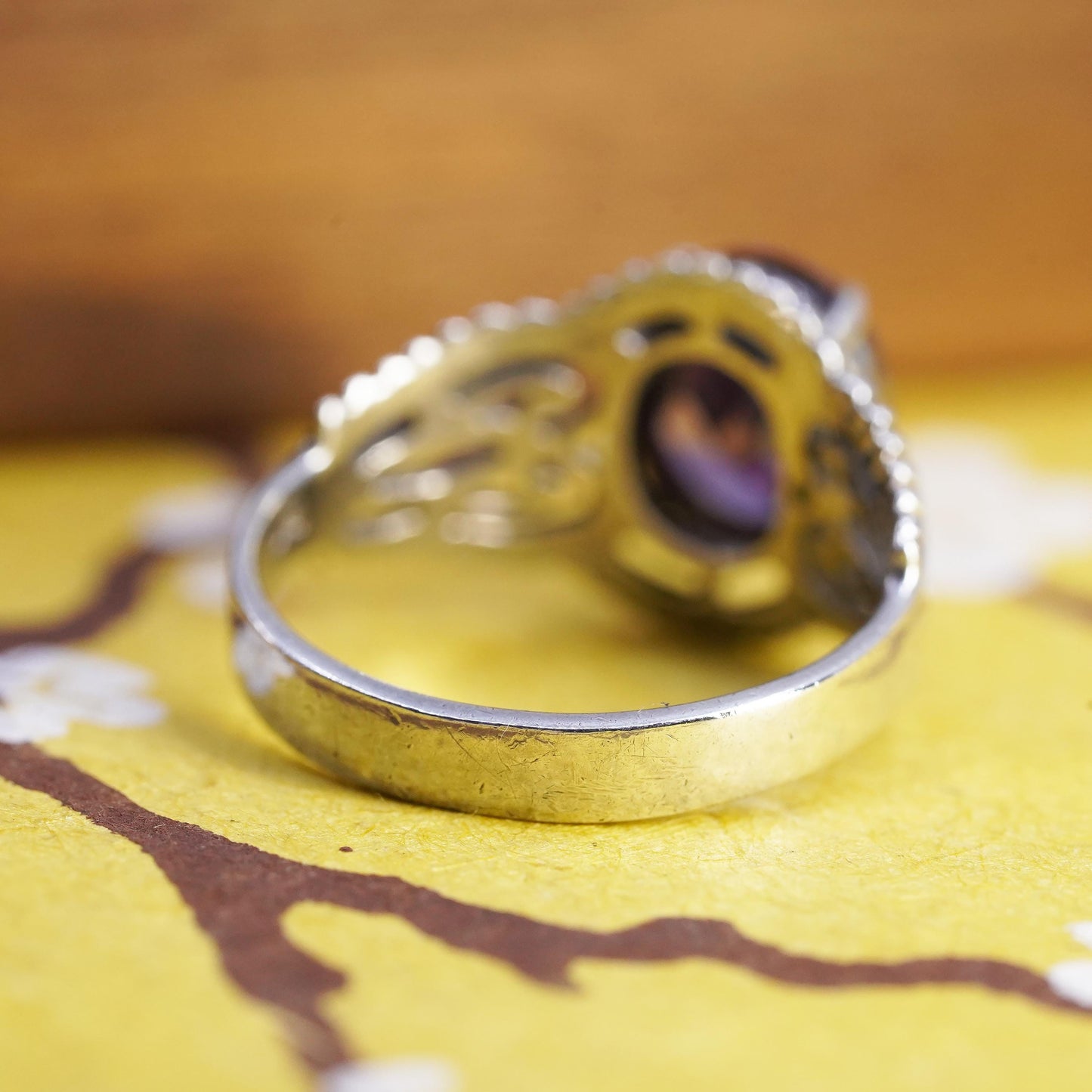 Size 8, Vintage Sterling Silver Handmade ring, 925 filigree band with amethyst