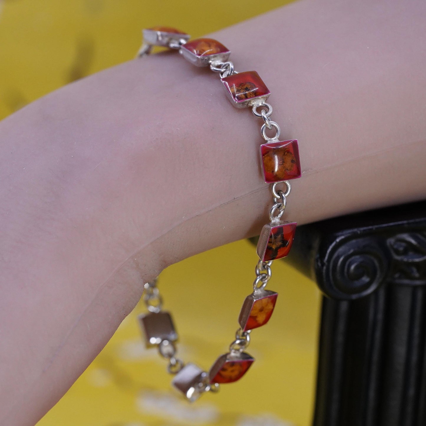 7.5", Sterling Silver Pressed Flower Bracelet, Botanical Resin Link chain, Red