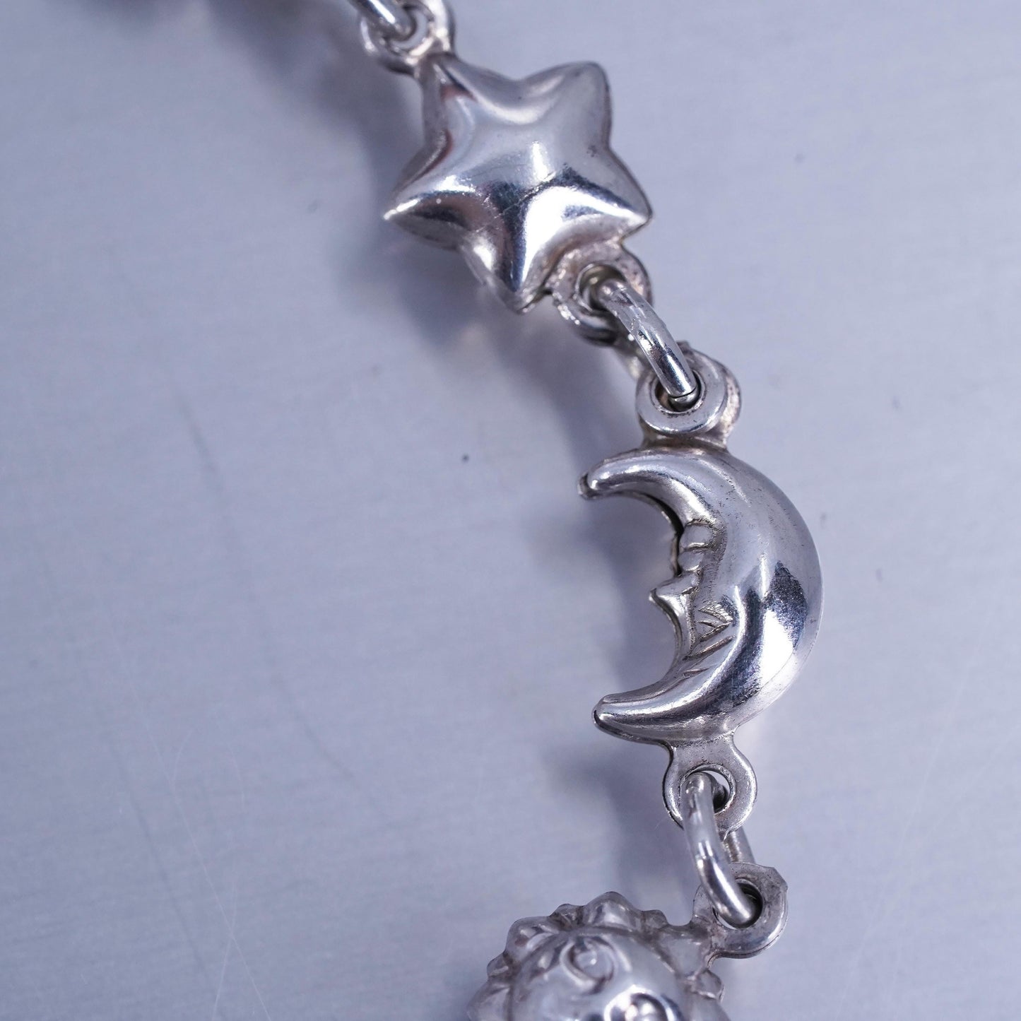 6.75”, Sterling 925 silver handmade puffy star moon sun chain bracelet